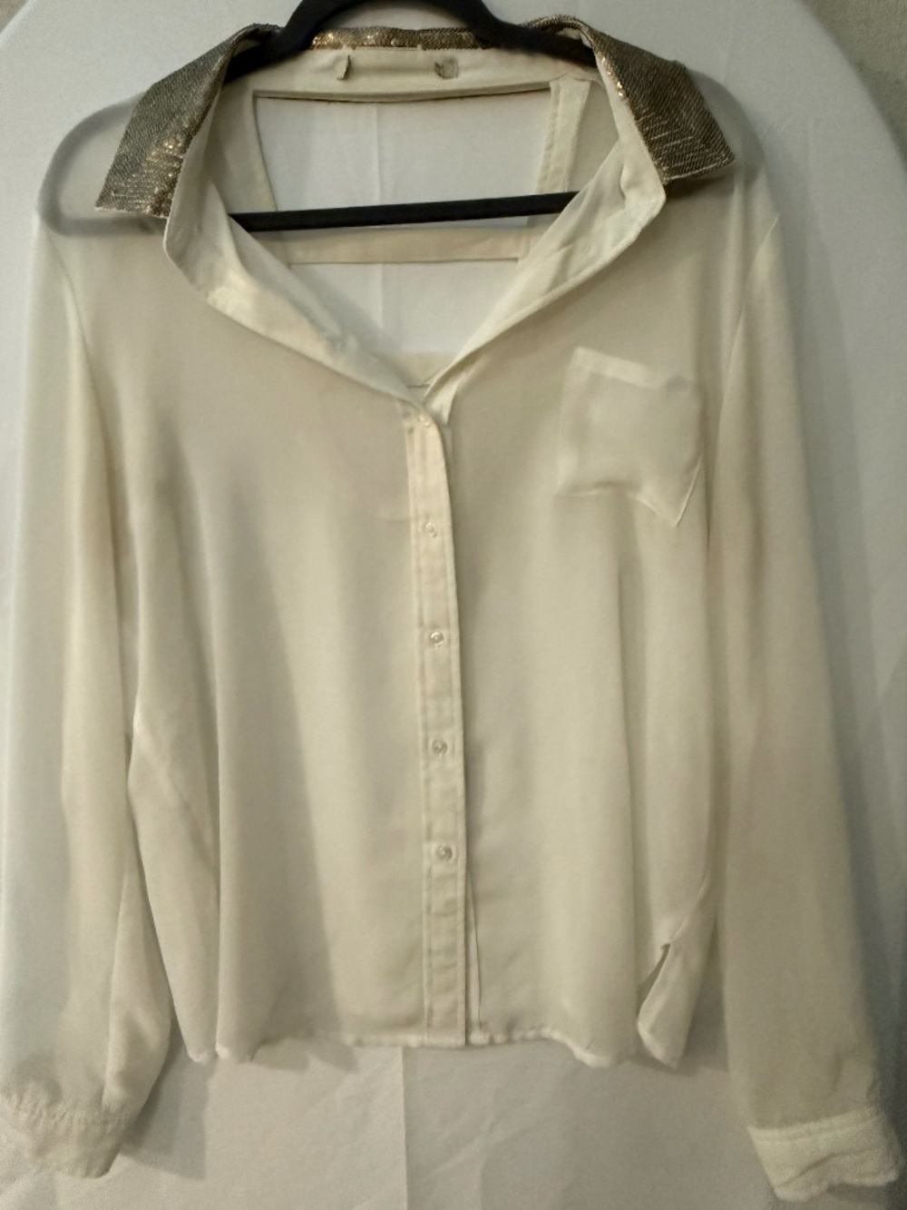 White Sheer Blouse with Sequin Neckline